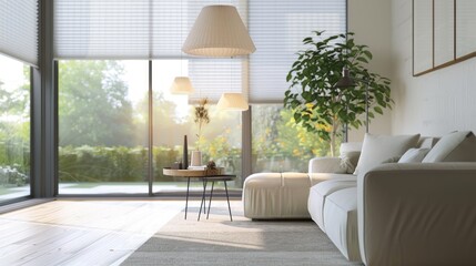 Modern interior window with energy-efficient cellular shades, featuring honeycomb design for superior thermal insulation and light control in a stylish home setting.