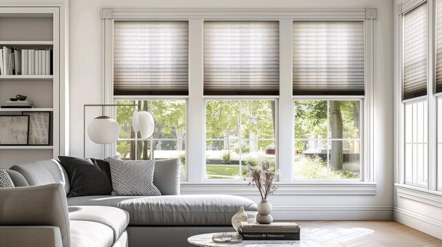 Modern interior window with energy-efficient cellular shades, featuring honeycomb design for superior thermal insulation and light control in a stylish home setting.