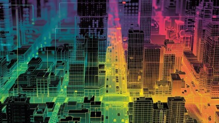 A heatmap of a city showing data on traffic congestion, with different colors indicating varying levels of density