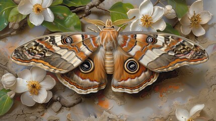 Close-up of a colorful moth perched on a branch surrounded by white flowers, showcasing the intricate patterns on its wings.