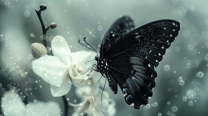 Elegant black butterfly resting on a white orchid in a dewy environment, capturing nature's delicate beauty.