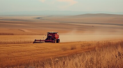 Fototapeta premium Red combine harvester working in a golden wheat field under a clear sky, capturing the essence of rural agriculture and harvest.