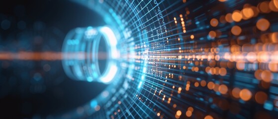 Fototapeta premium Abstract futuristic digital background with glowing lines and bokeh lights, representing data flow and technology innovation.