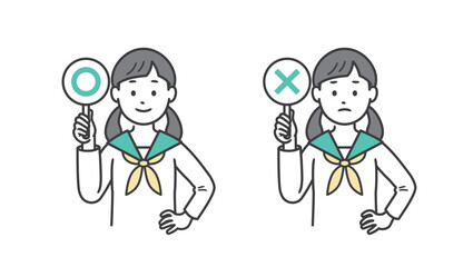 まるとばつの札を上げて腰に手を当てる女子学生の上半身イラスト
