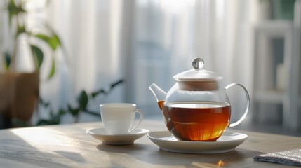 Fototapeta premium A glass of tea is poured into a cup on a wooden table