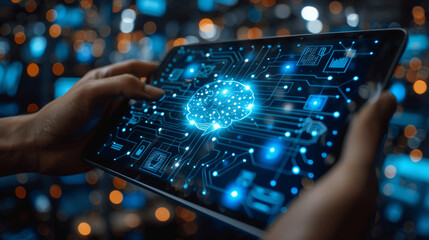 Man Using Tablet with Digital Brain Interface and AI Technology Working Online with Smartphone Blue Background Big Data Network Innovation Business Future Concept