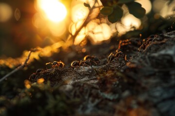 Close up of some ants in the forest at sunset