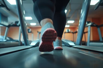 Overweight Woman Running on Treadmill in Fitness Club