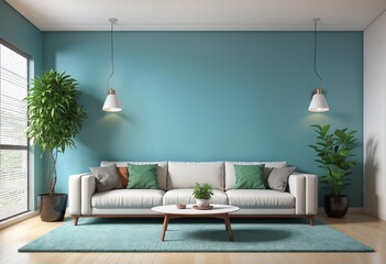 modern living room interior design with blue wall