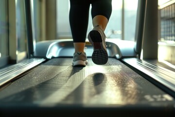 Overweight Woman Running on Treadmill in Fitness Club
