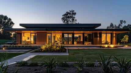 Modern House with Warm Lighting at Dusk