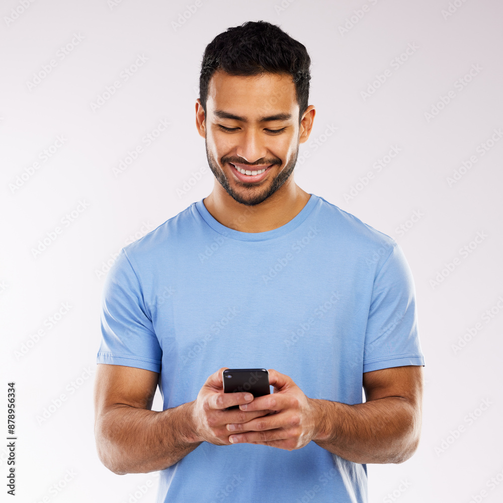 Poster asian man, studio and happy with smartphone on email or communication on white background. isolated,