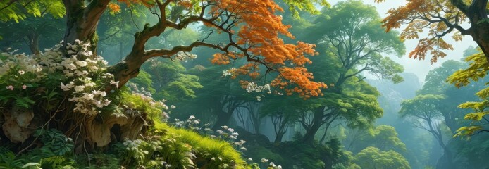 Fototapeta premium Misty Forest Landscape with Orange and Green Trees.