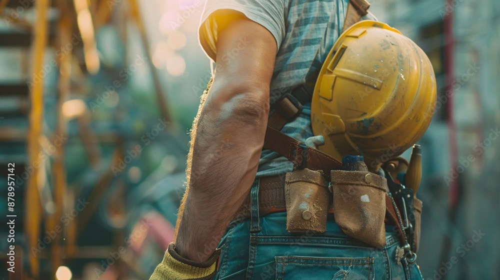 Wall mural Construction worker standing at sunset with tool belt and hard hat