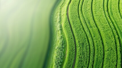 Fototapeta premium Aerial view of lush green terraced fields on a hillside, showcasing intricate patterns and vibrant landscape in natural light.