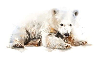 Fototapeta premium A baby polar bear is running through the snow. The bear is small and fluffy, and it is enjoying itself as it runs. The scene is peaceful and serene, with the snow providing a soft