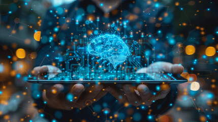 Man using tablet with AI digital brain interface for technology innovation and big data network on blue background. Smartphone business usage for futuristic communication and online connection