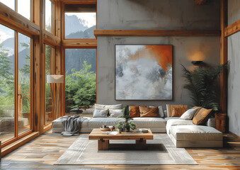 Elegant and Cozy Living Room with Abstract Art, Wooden Furniture, Beige Sofa, Modern Lamps, Plants, Carpet, Wood Walls, Scandinavian Design