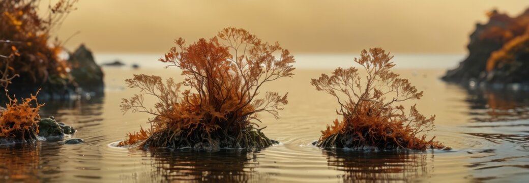 Golden Algae in a Calm Lake at Sunset.