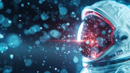 Astronaut helmet in deep space with a lens flare and digital interface visuals, illustrating futuristic space exploration and technology.