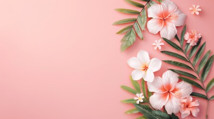 Fototapeta premium Beautiful pink and white tropical flowers with green leaves arranged on a soft pink background. Perfect for nature, floral, and botanical themes.