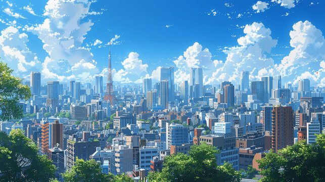 anime tokyo skyline background daytime blue sky buildings high resolution detailed cartoonish skyscrapers urban japanese city landscape