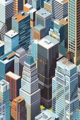 Isometric cityscape with towering skyscrapers and bustling streets below