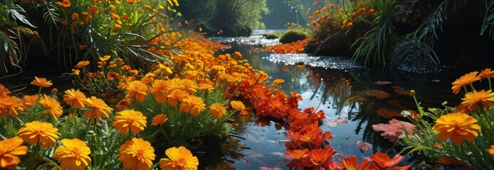 Fototapeta premium Orange Flowers by the Stream.