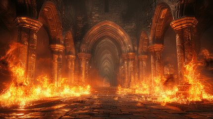 Obraz premium Medieval Castle Interior with Arched Doorways and Flaming Torches