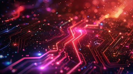 Obraz premium Abstract image of a futuristic circuit board with glowing neon lights and bokeh effect in red and pink tones, representing technology and innovation.
