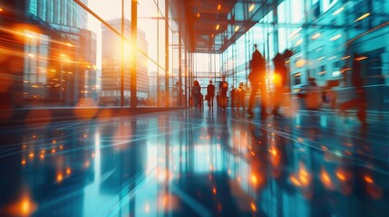 Obraz premium A vibrant image of a modern office building with glass walls, capturing the blurred motion of people during sunset.
