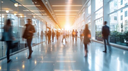A bustling office corridor with people walking, captured in motion blur, showcasing a modern, dynamic work environment.