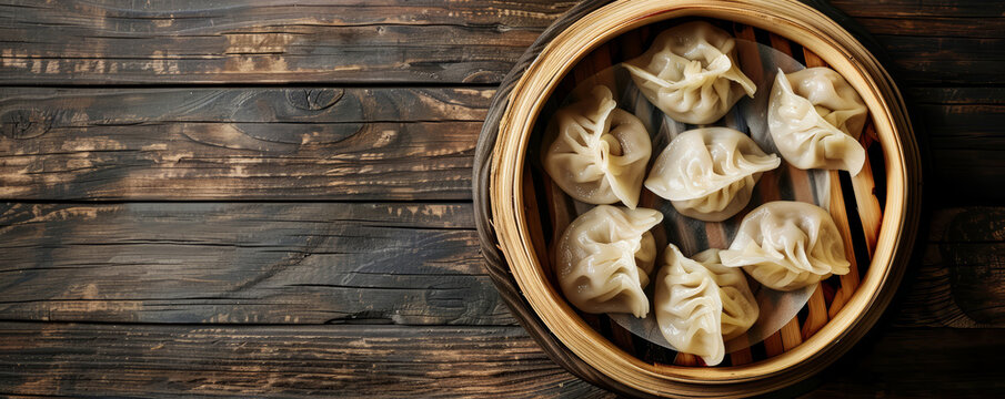 Chinese dumpling on a bamboo steam