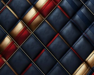 Ultra-realistic abstract background featuring golden, red, and blue stripes on dark navy blue leather texture for business designs.