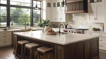 A kitchen with a large, central island, featuring a built-in sink and seating, perfect for meal prep and casual dining.