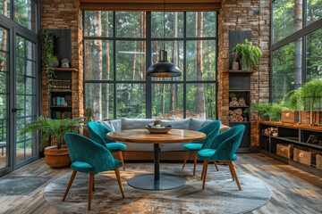 Obraz premium Scandinavian modern living room with mint green chairs, round wooden table, sofa, cabinet and forest view