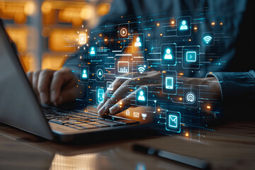 Businessman Using Virtual Screen for Customer Data AI Marketing App. Buyer Persona and Customer Behavior Analysis. Personalized Marketing Strategies for Sales Growth