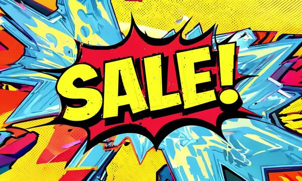 The word 'SALE!' in bold, explosive comic book text appears against an abstract, colorful comic book background (mov)