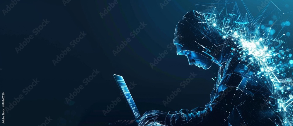 Poster abstract digital anonymous hacker with light blue laptop and ai chip. technology electronics backgro