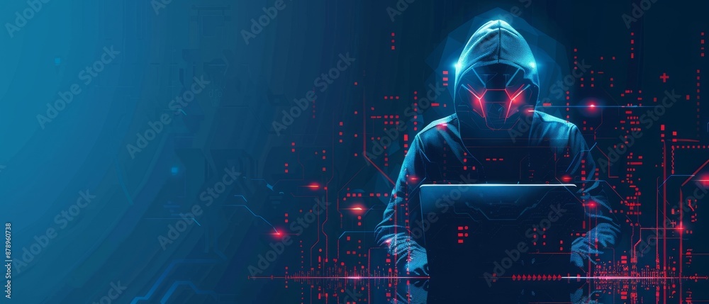 Poster abstract digital anonymous hacker with light blue laptop and ai chip. technology electronics backgro