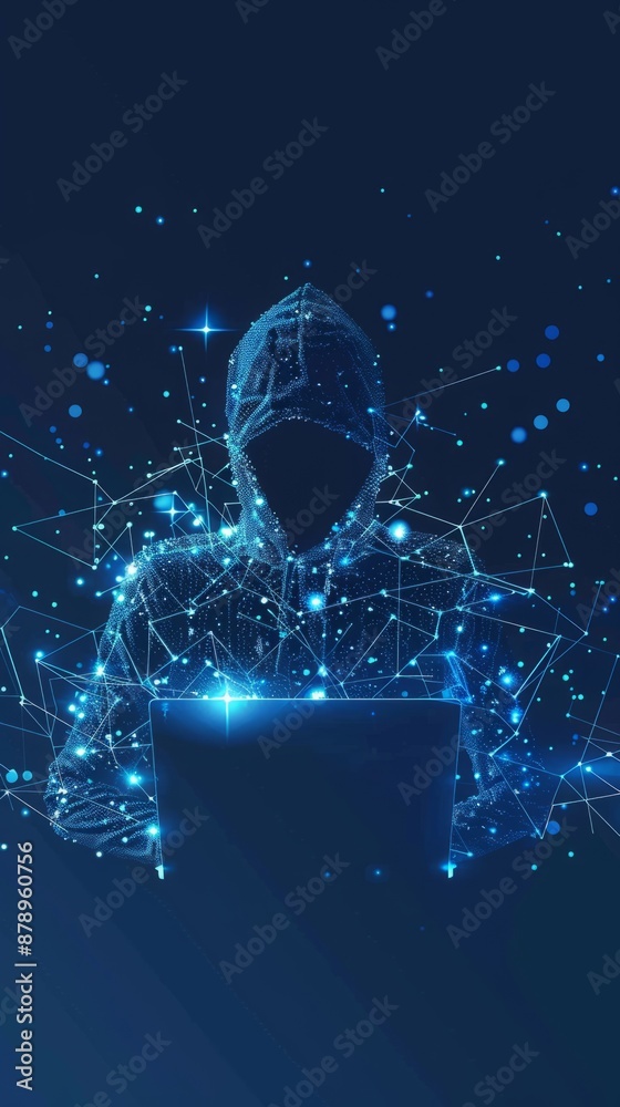 Poster abstract digital anonymous hacker with light blue laptop and ai chip. technology electronics backgro