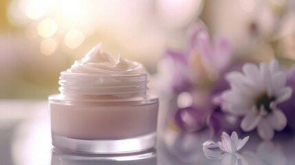 Shallow depth of field emphasizing open jar with cosmetic cream