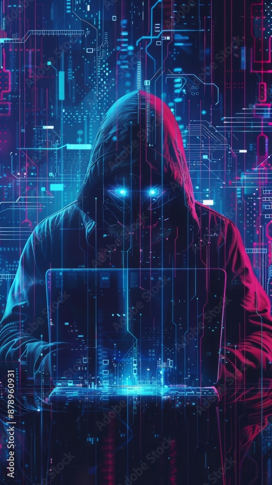 Poster abstract digital anonymous hacker with light blue laptop and ai chip. technology electronics backgro