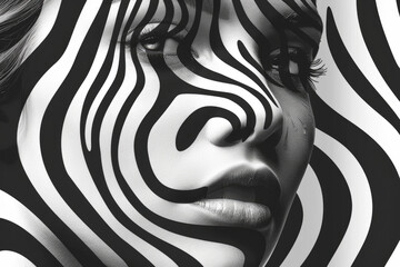 A close-up of a woman's face painted with zebra lines