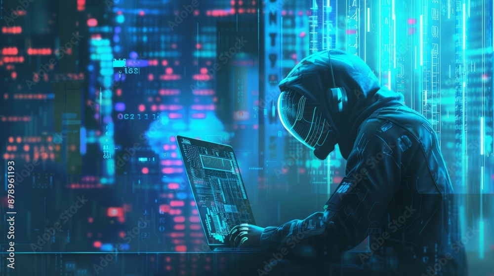 Poster abstract digital anonymous hacker with light blue laptop and ai chip. technology electronics backgro