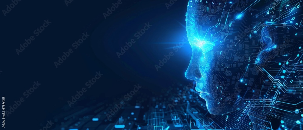 Poster abstract digital anonymous hacker with light blue laptop and ai chip. technology electronics backgro