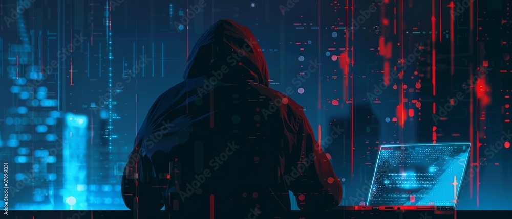 Poster abstract digital anonymous hacker with light blue laptop and ai chip. technology electronics backgro