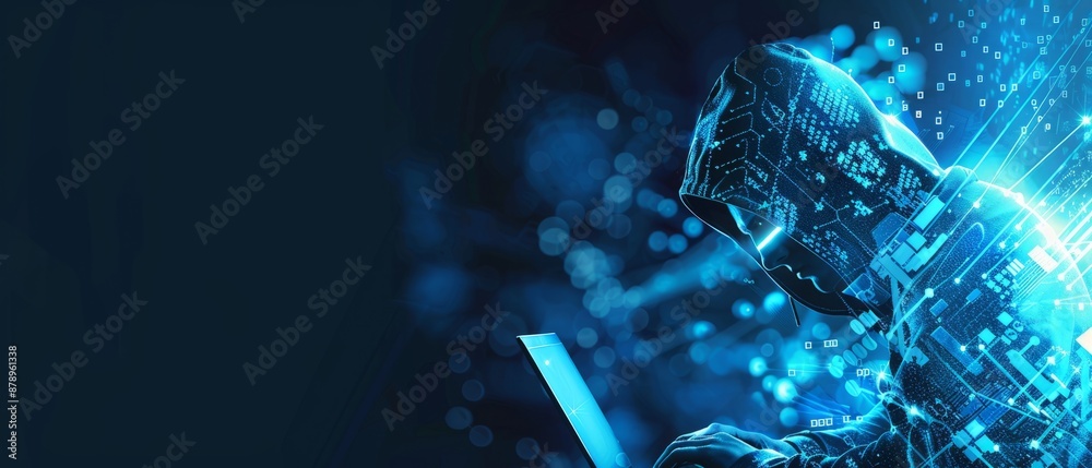 Poster abstract digital anonymous hacker with light blue laptop and ai chip. technology electronics backgro