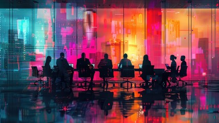 Silhouettes of Businesspeople Meeting in a Modern Office with a Cityscape View