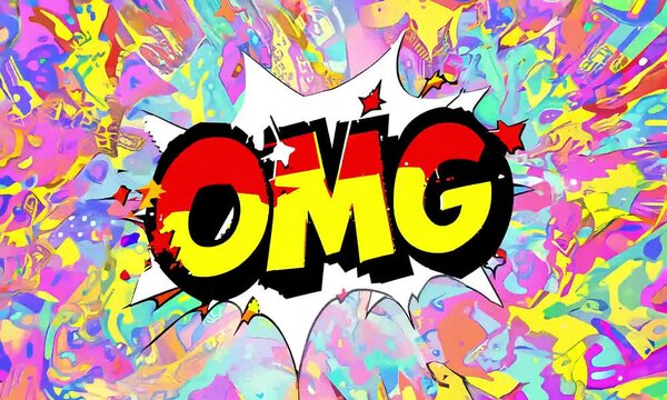 The word 'OMG' in bold, explosive comic book text appears against an abstract, colorful comic book background (mov)